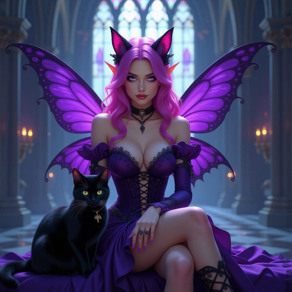 Gothic Fairy and Black Cat in Cathedral