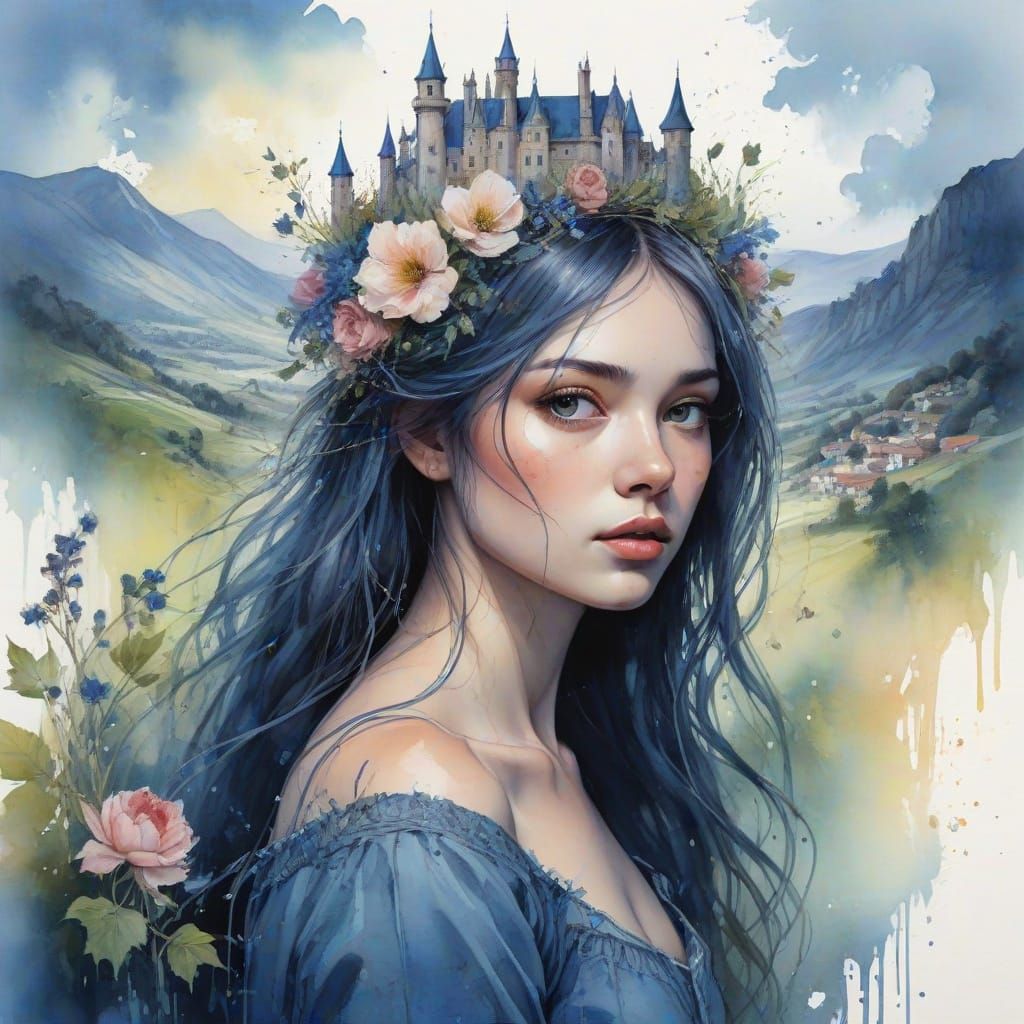 Medieval Castle Amidst Vibrant Gardens Under Dusky Indigo Sk...