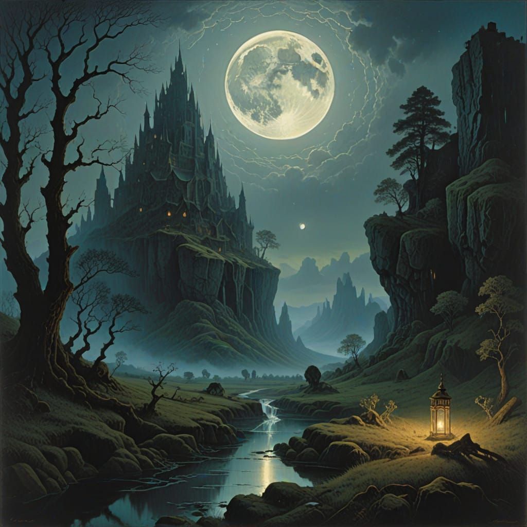 Ethereal Moonlit Relic in a Silver-Lit Valley