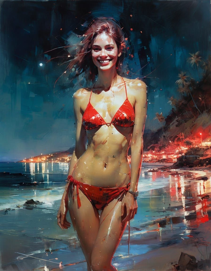 Smiling Woman in Red Bikini on Bioluminescent Coast at Night