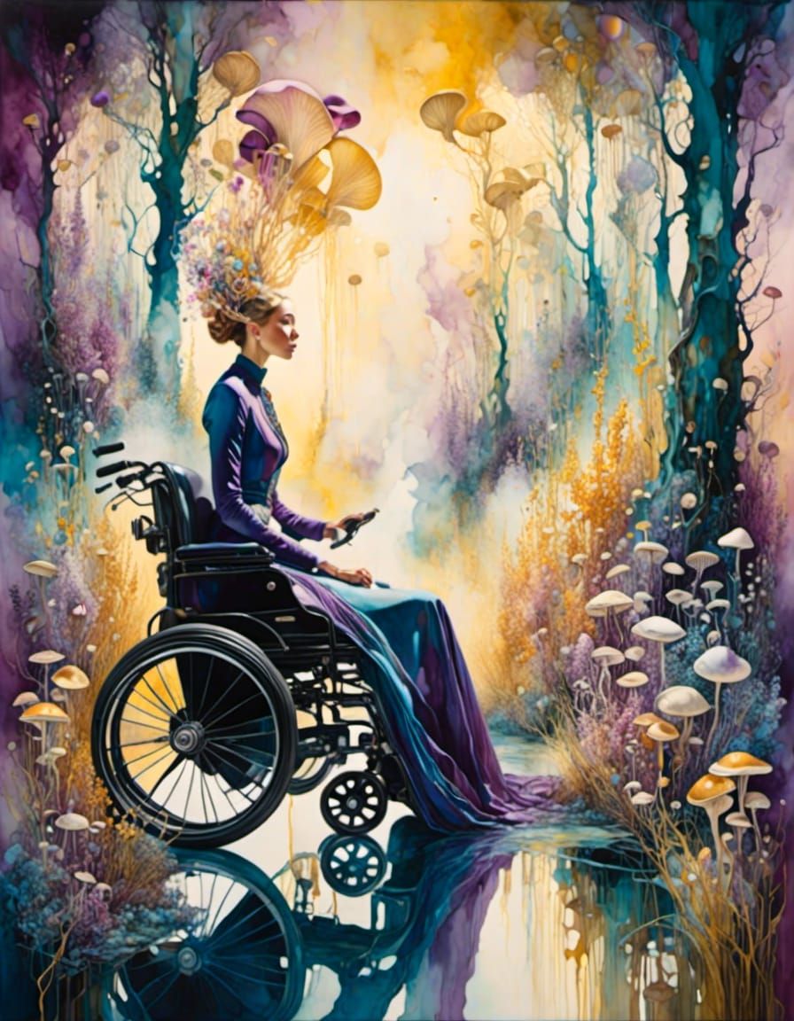 Ethereal Forest: Woman in Wheelchair, Watercolor Portrait
