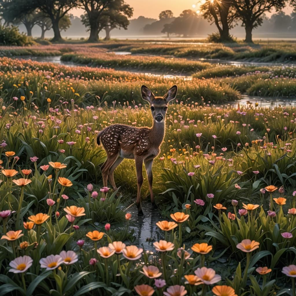 Bambi Hiding in Dawn Flower Field, Hyperrealistic