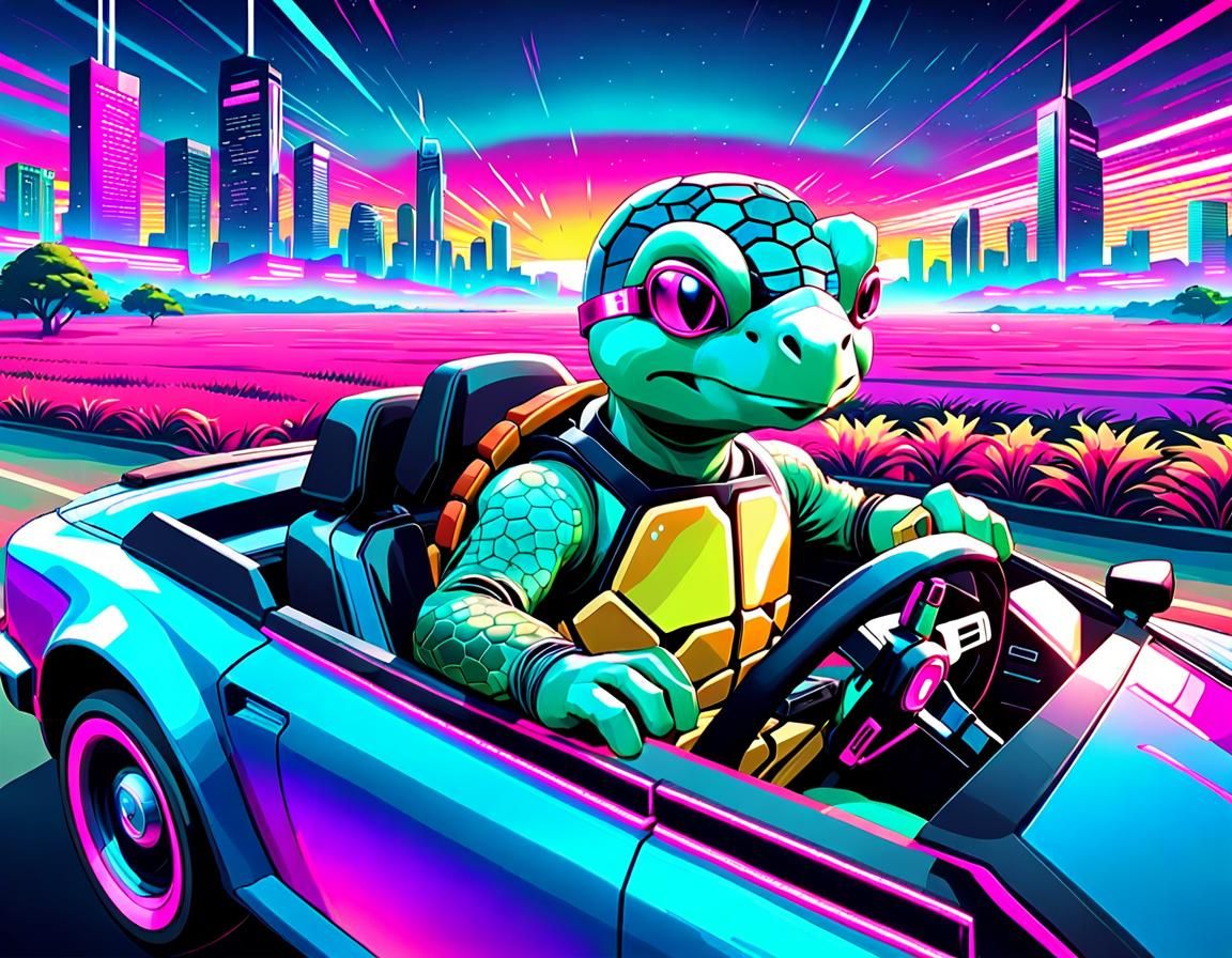 Synthwave Turtle Drives Convertible in Neon City