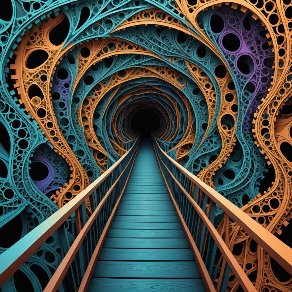 Chaotic Interior: Abstract Fractal Bridge with 3D Shading