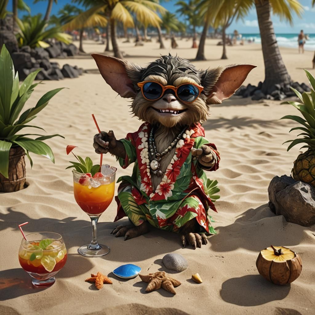 Gizmo the Gremlin Relaxing on a Hawaiian Beach