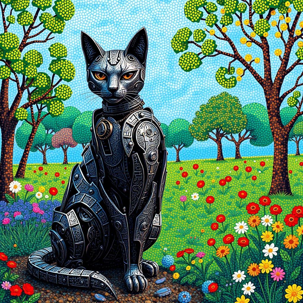 Mechanical Steel Cat in Whimsical Pointillist Garden