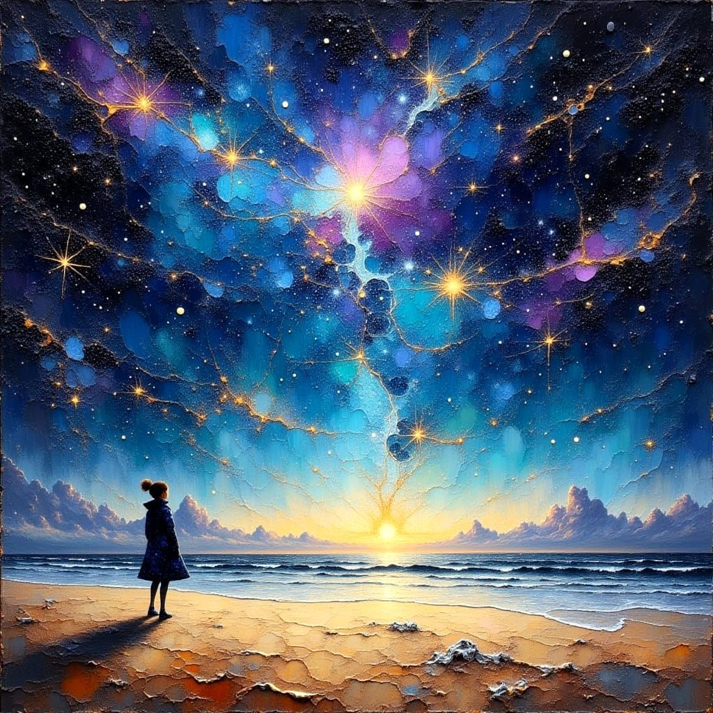 Cosmic Beach at Twilight: An Impasto Oil Painting