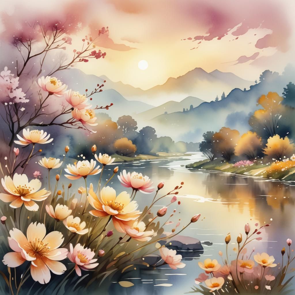 Dreamy Watercolor Landscape with Blooming Flowers