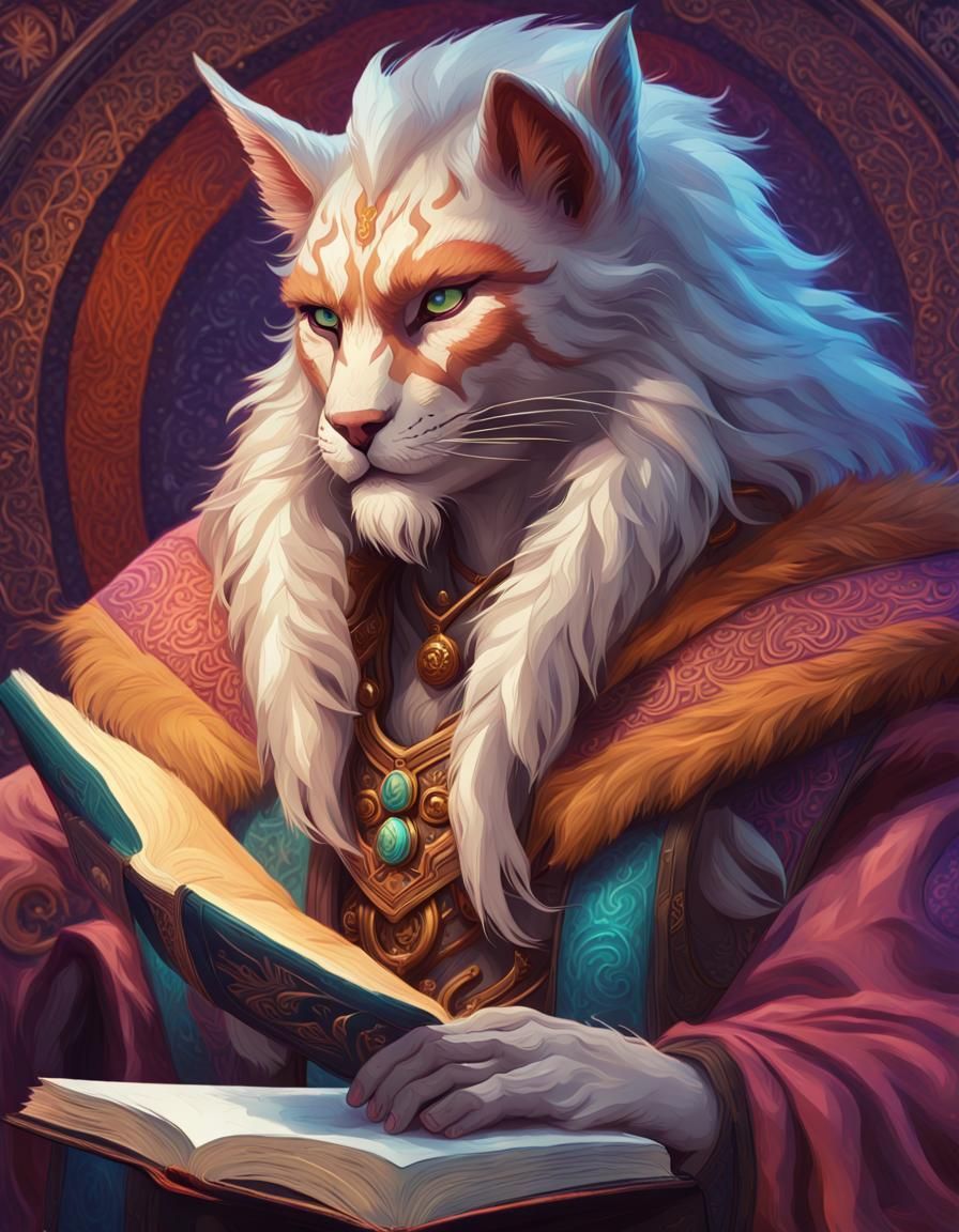 Khajiit Wizard Reading Ancient Book in Art Nouveau Style