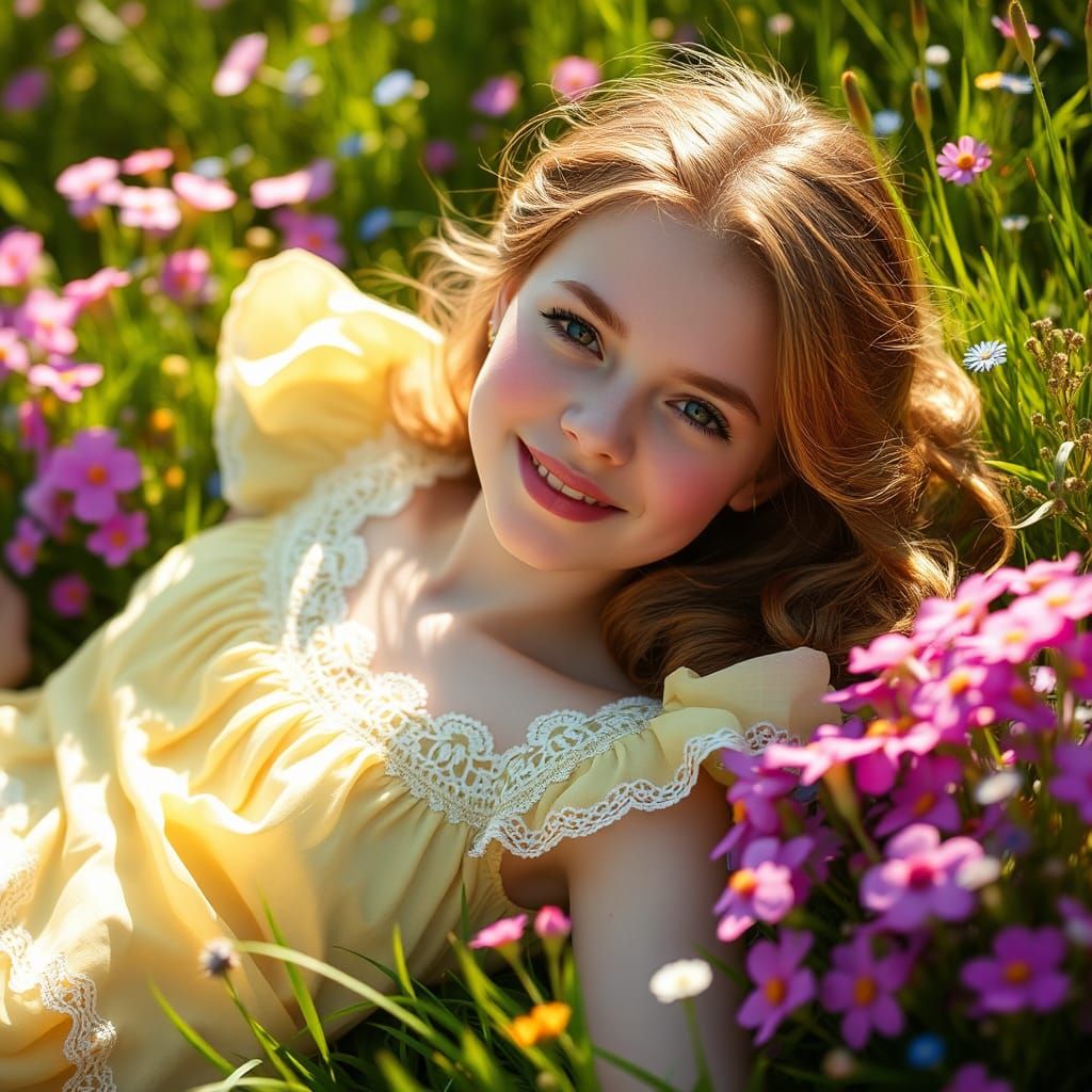 Woman in Sundress in Dreamlike Flower Meadow