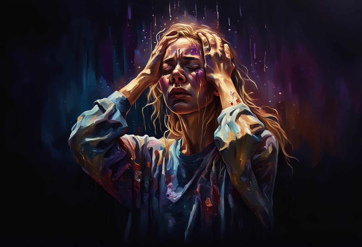 Woman with PTSD Crying in Hyperrealistic Splash Art