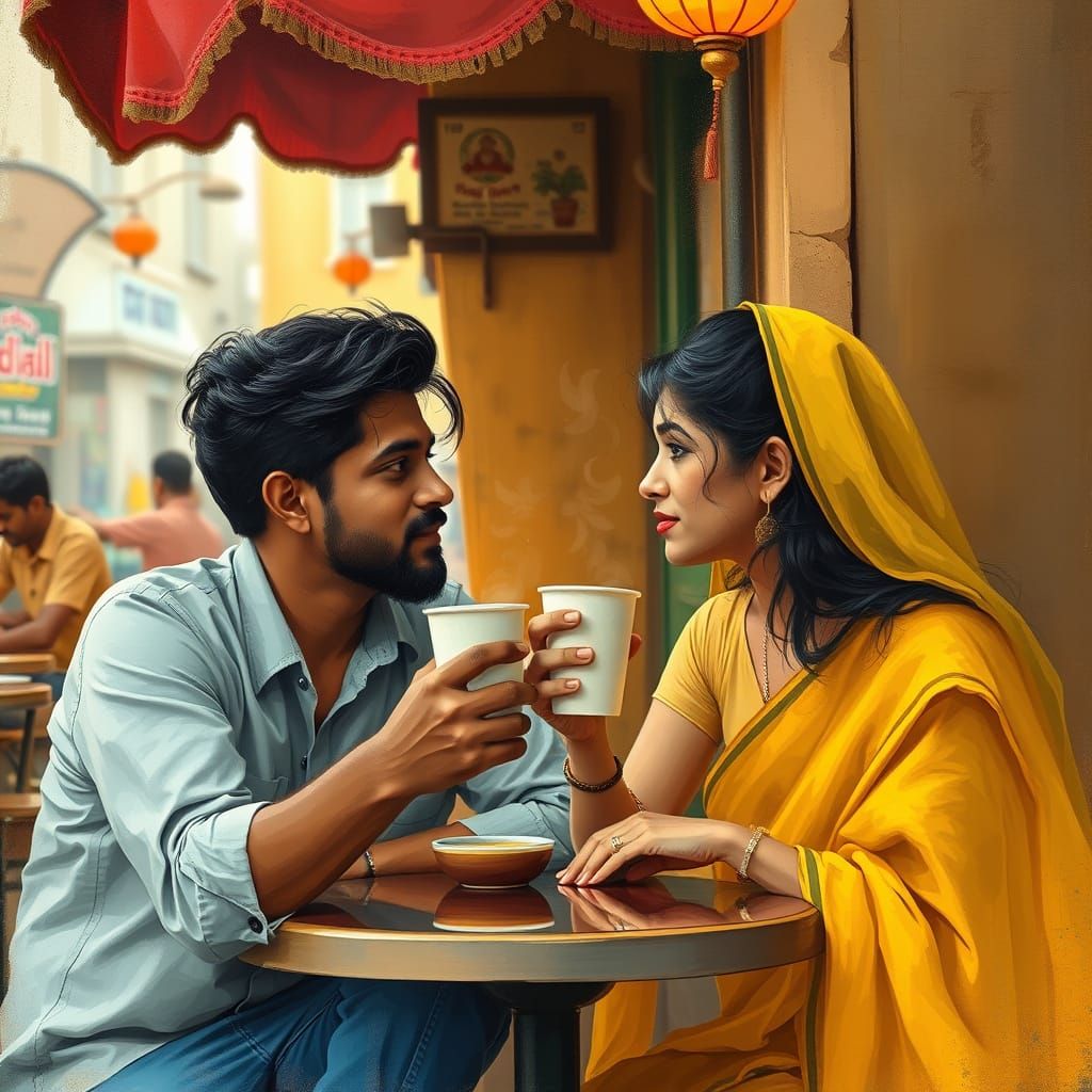 Romantic Indian Couple at Street Cafe, Expressionist Art