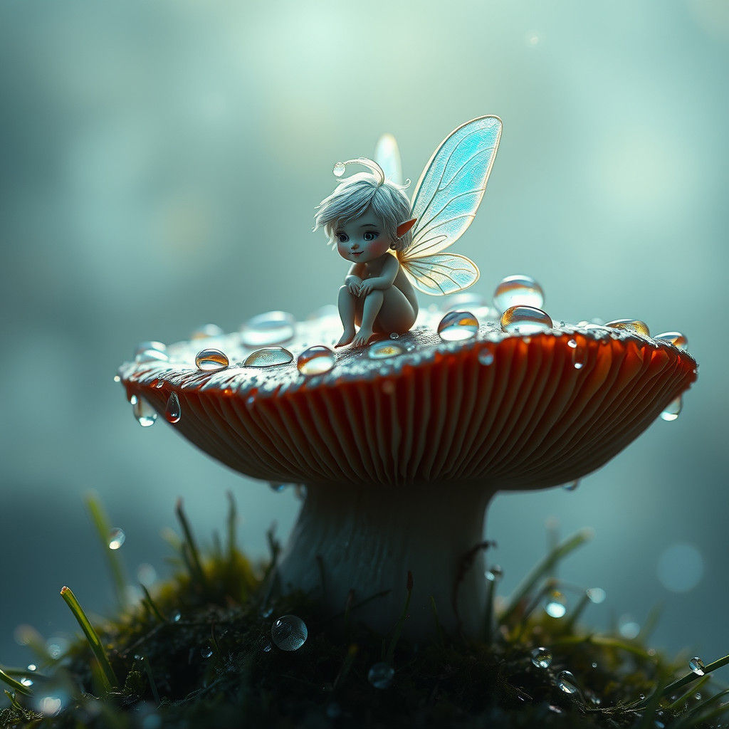 Iridescent Fairy on Mushroom Throne in Morning Light