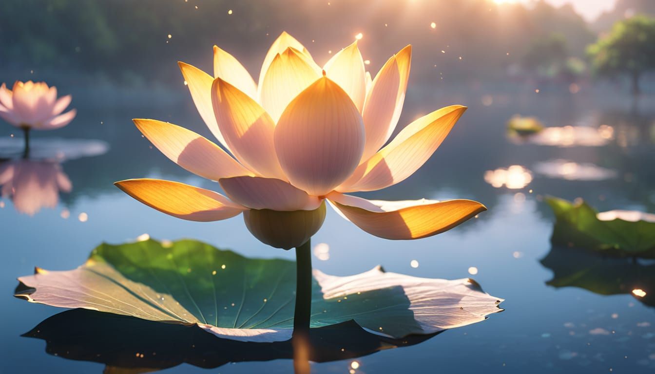 Anime Lotus in Misty Sunlight, Genshin Impact Style