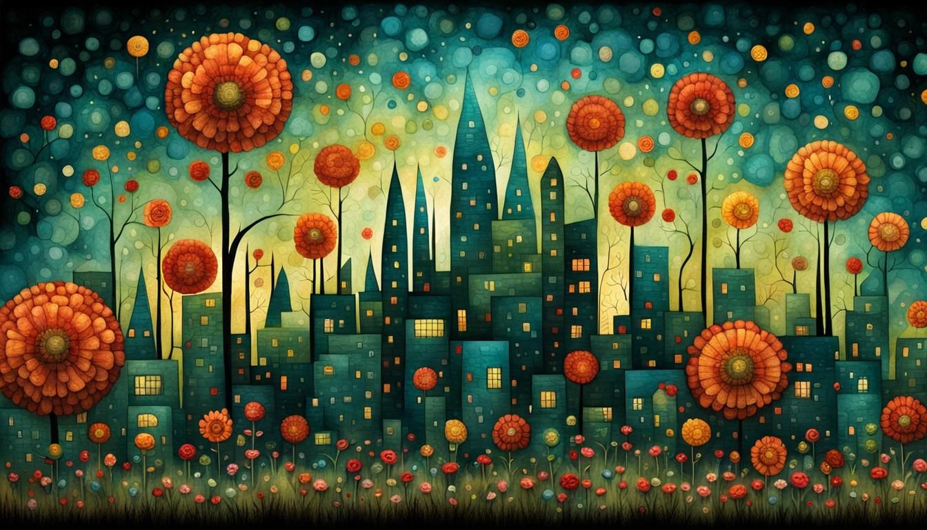 Flowered Modern City in Folk Art Style