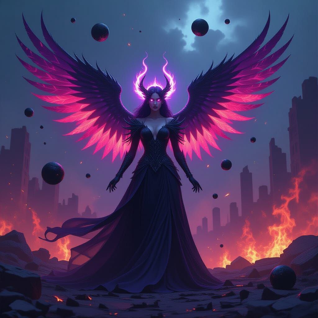 Woman in Void-Fire Gown Amidst Collapsing World