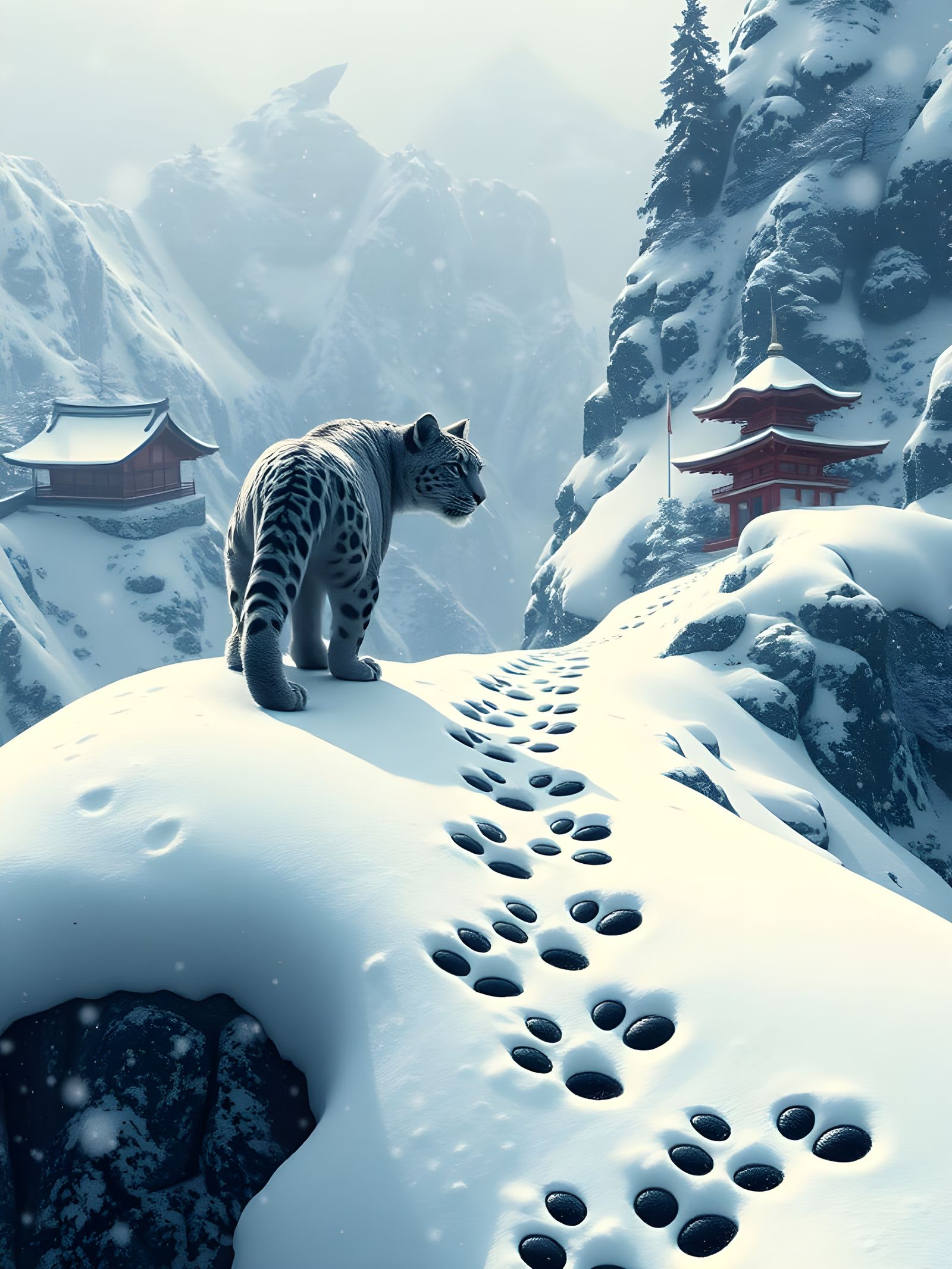 Snow Leopard Climbs Japanese Temple in Hyperrealistic Blizza...