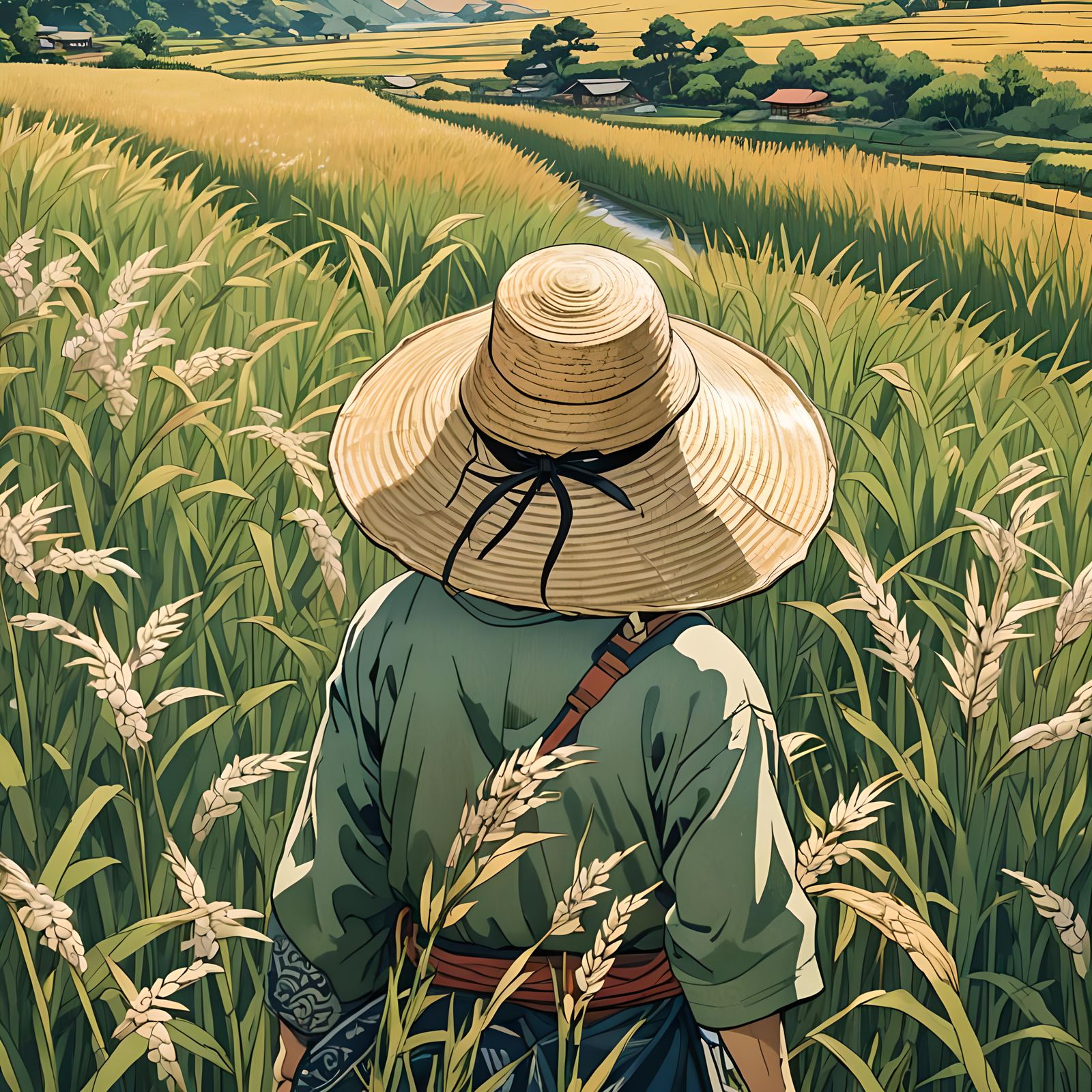 Japanese Peasant in Rice Field: Detailed Anime Art
