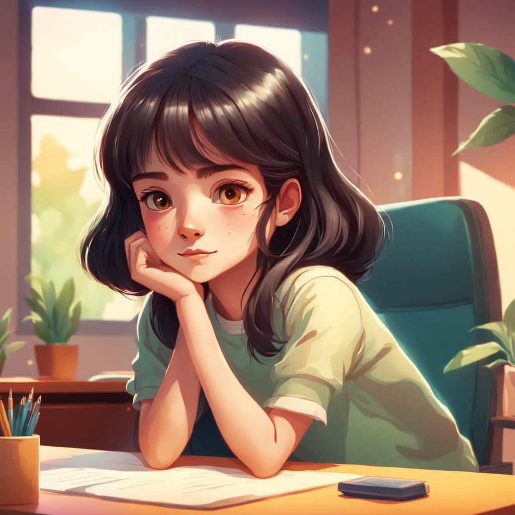 Woman Planning Work at Desk in Vibrant Digital Painting