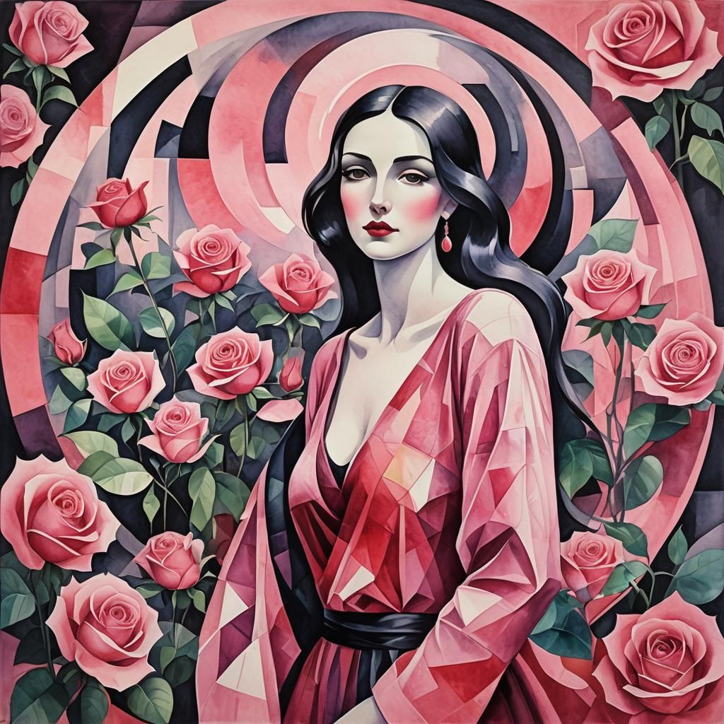 Maiden in Secret Rose Garden: Watercolor Cubism