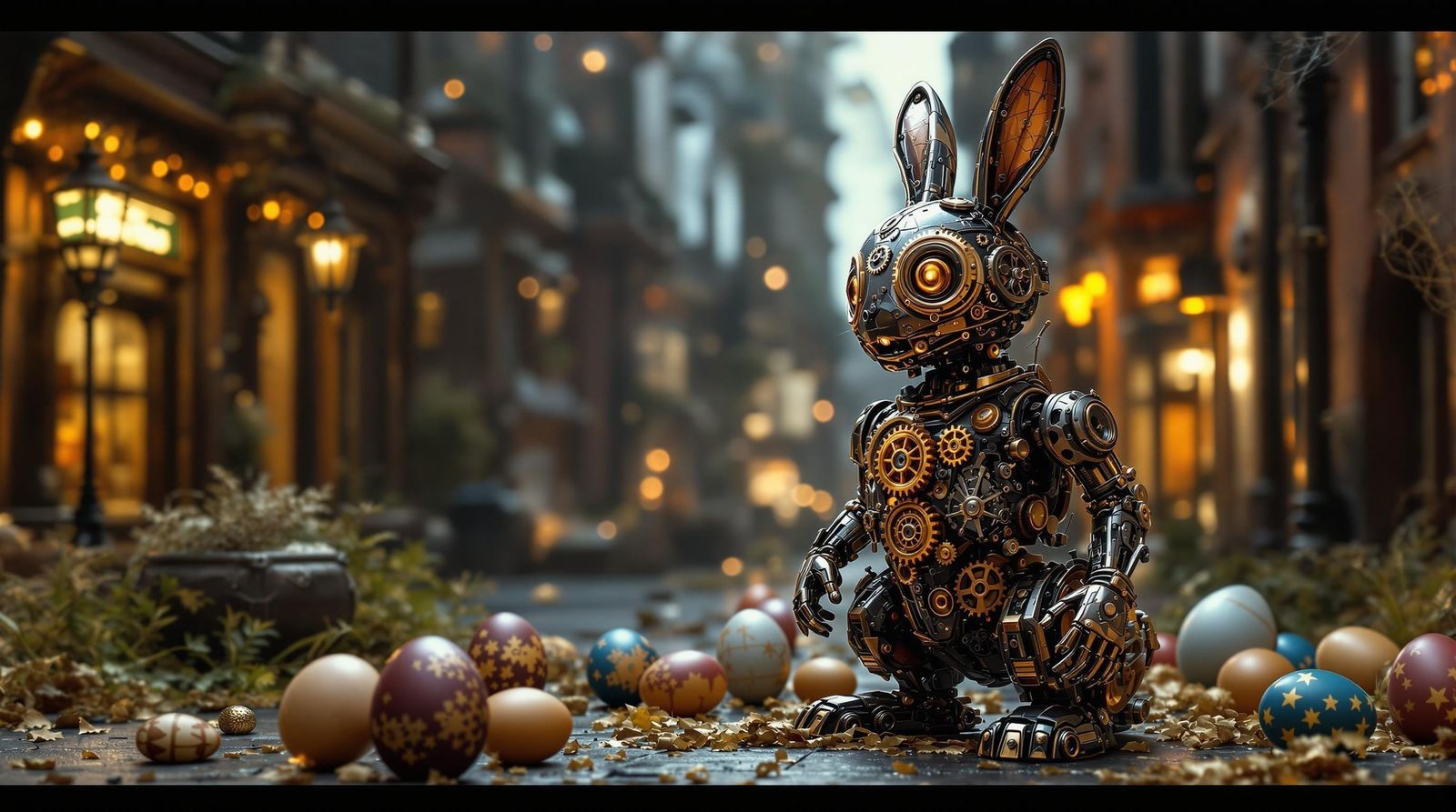 Steampunk Android Easter Bunny Amidst Industrial Victorian C...