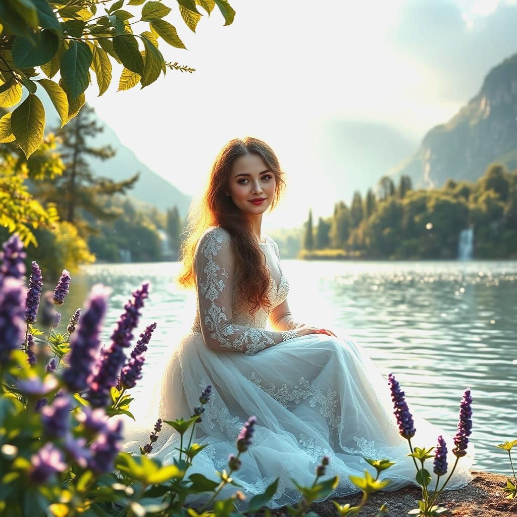 Enchanting Lake Ocean Landscape with Lavender Details