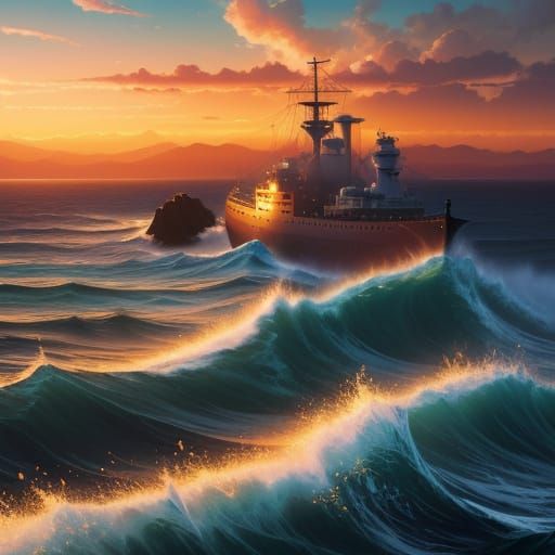 Ship Sails Through Molten Skies: Dreamy Oil Painting