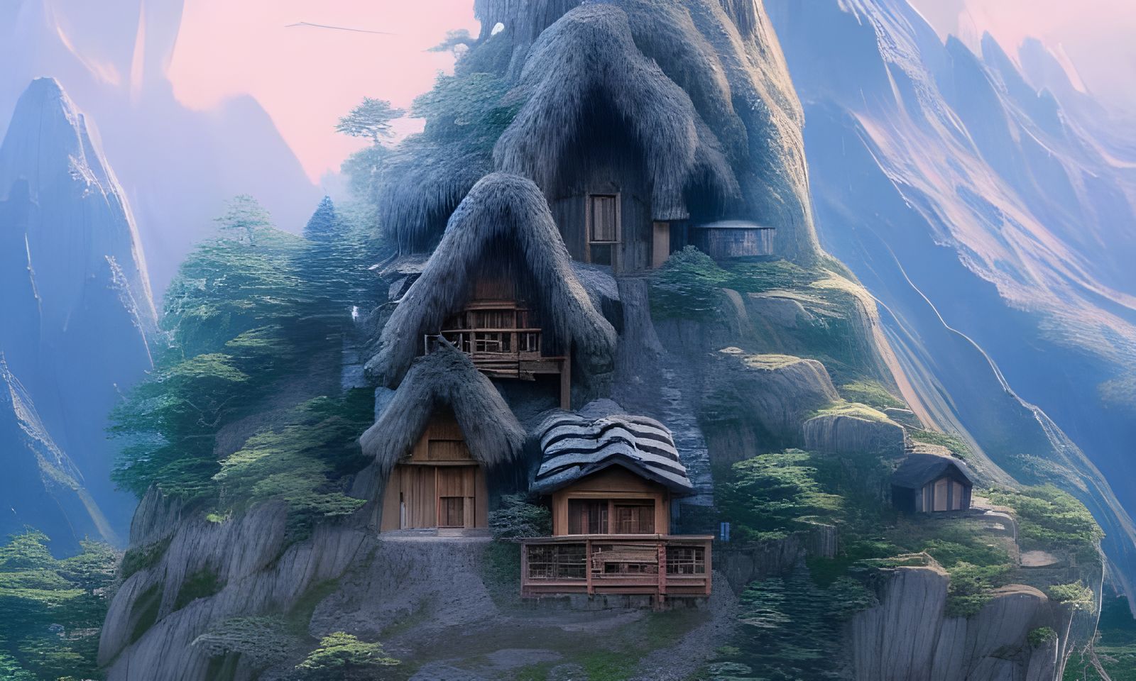 Mountainside Gnome House Landscape in Ghibli Style
