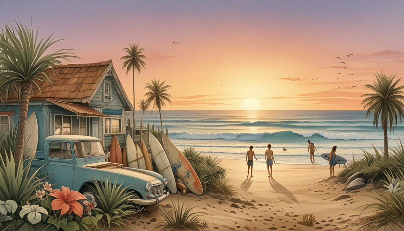 Cozy Beachside Surf Shop in Soft Watercolor