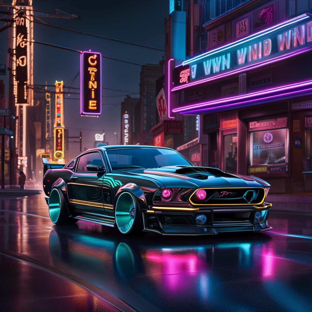 Cyberpunk Titanium Mustang Races Through Neon City