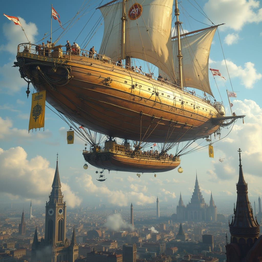 Steampunk Airship Soars Through Clouds in Victorian-Era Fant...