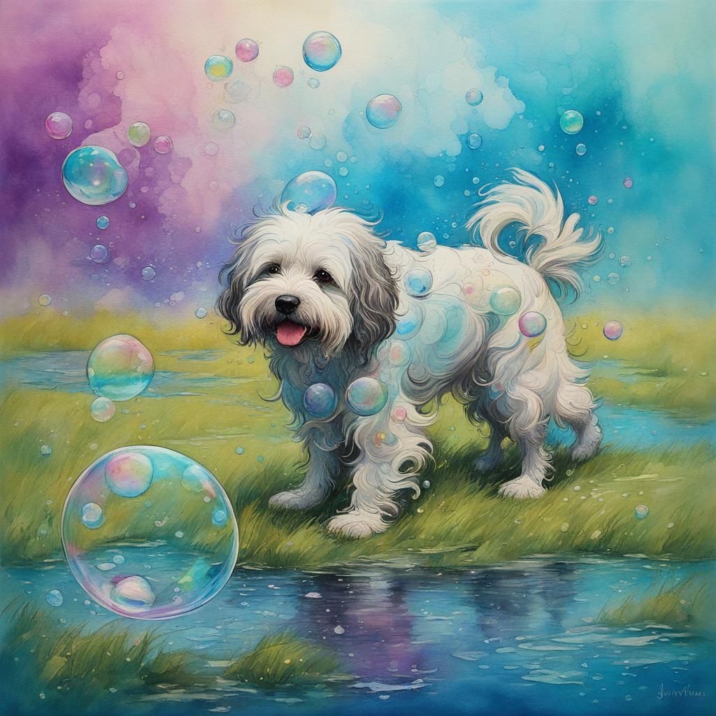Shaggy Dog Splashing: A Voluminous Wet Paint Drawing