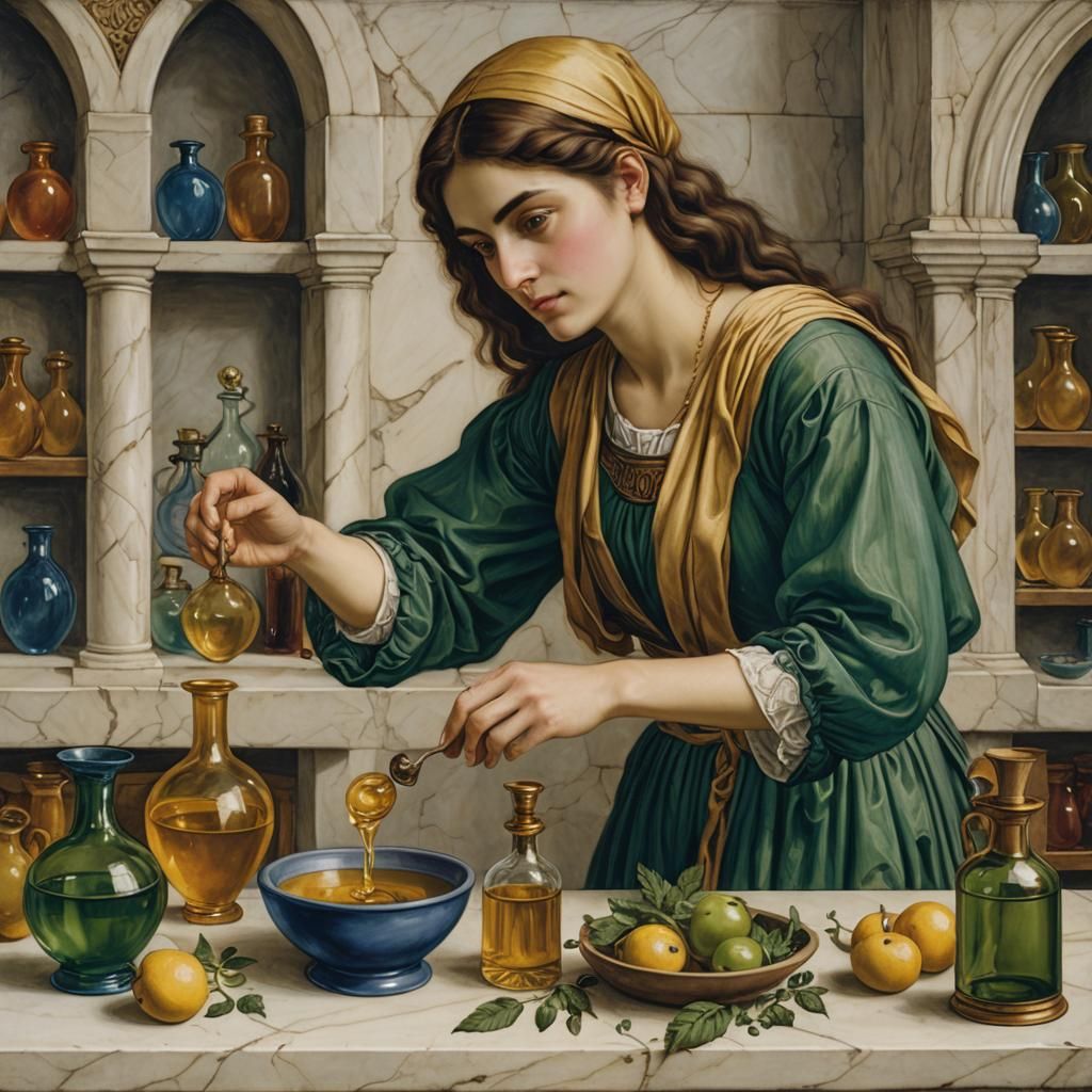 Giulia Tofana's Potions in Pre-Raphaelite Style