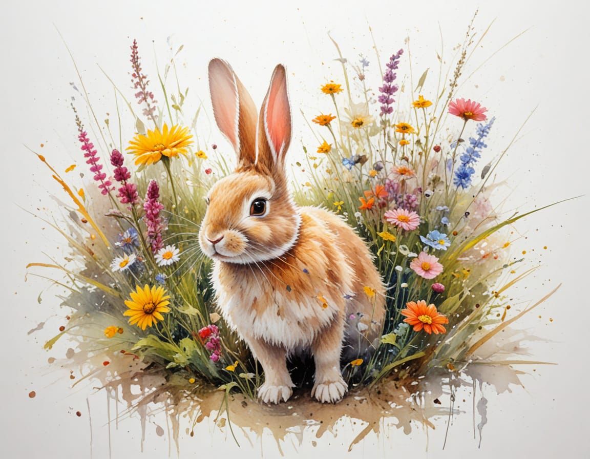 Playful Rabbit in Sunlit River Garden Watercolour