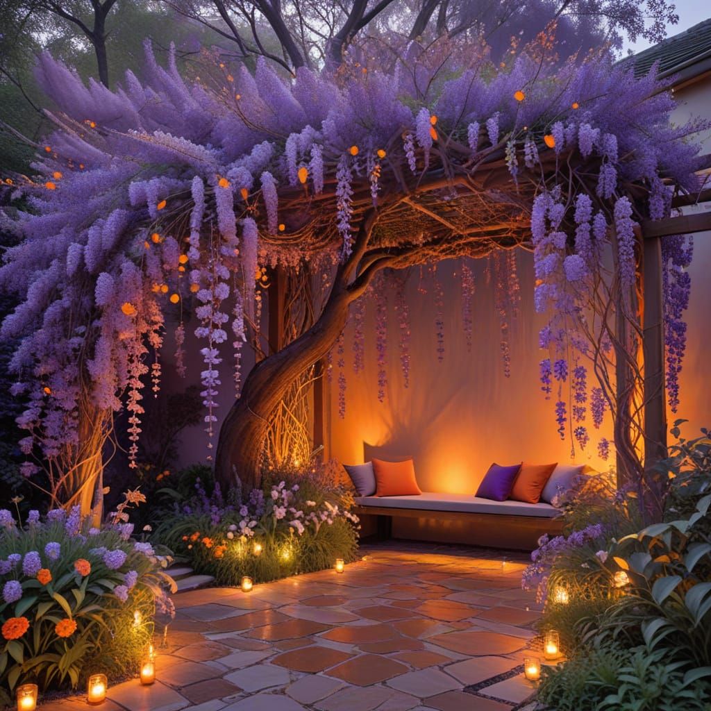 Enchanting Twilight Garden with Majestic Wisteria