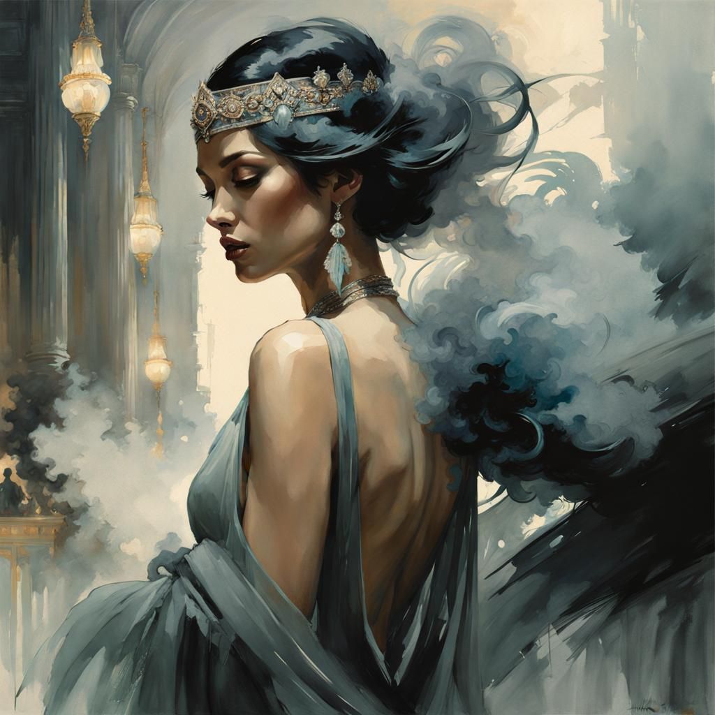 Watercolor Smoke Dancer in Art Deco Noir