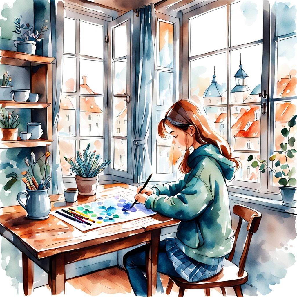 Cozy Room: Girl Drawing, Watercolor Digital Sketch