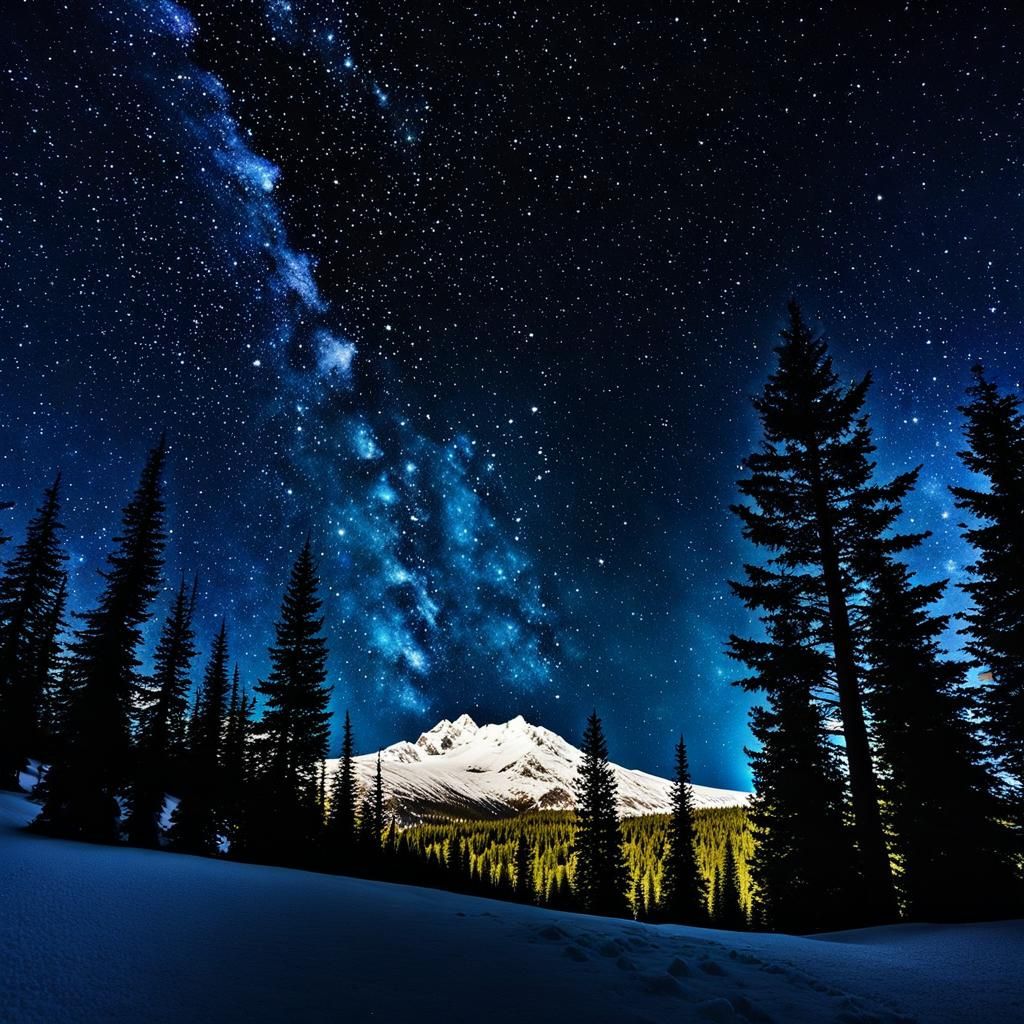 Starry Mountain View Through Trees