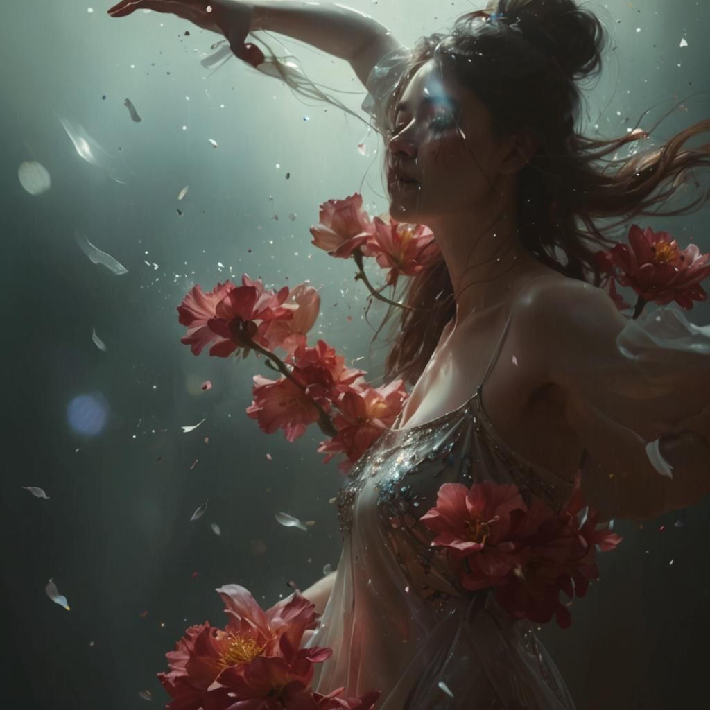 Pale Woman's Floral Dance: Hyperrealistic Digital Art
