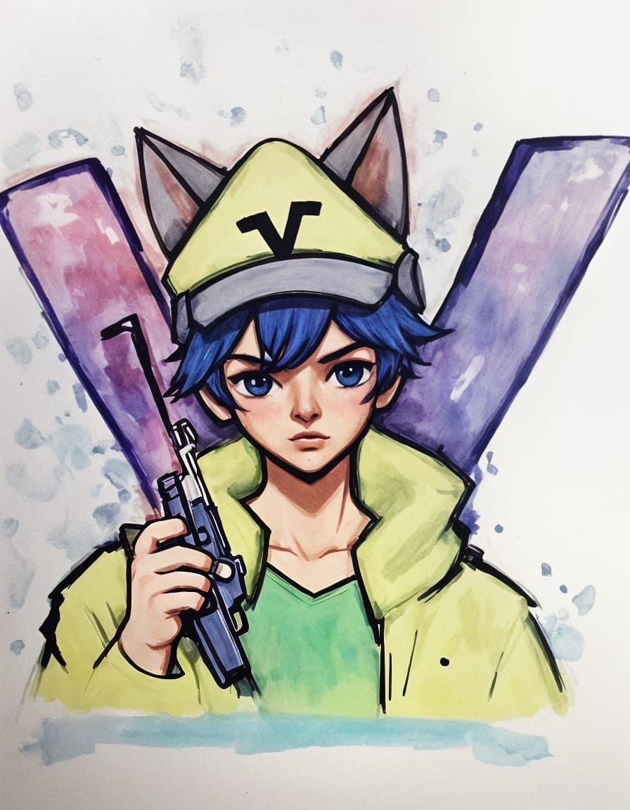 Chibi Character with Pistol in Minimalist Ink Style