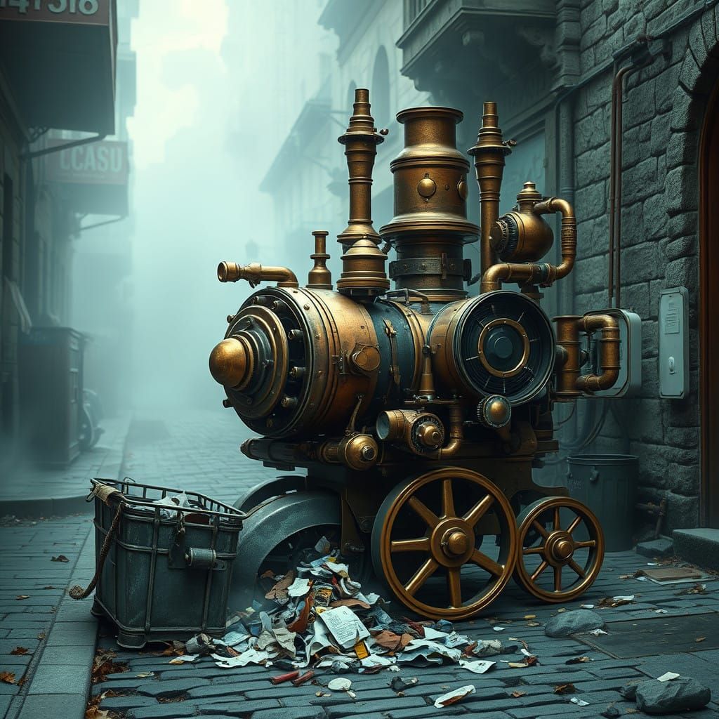 Steampunk Litter Collector in Foggy Industrial Fantasy Scene