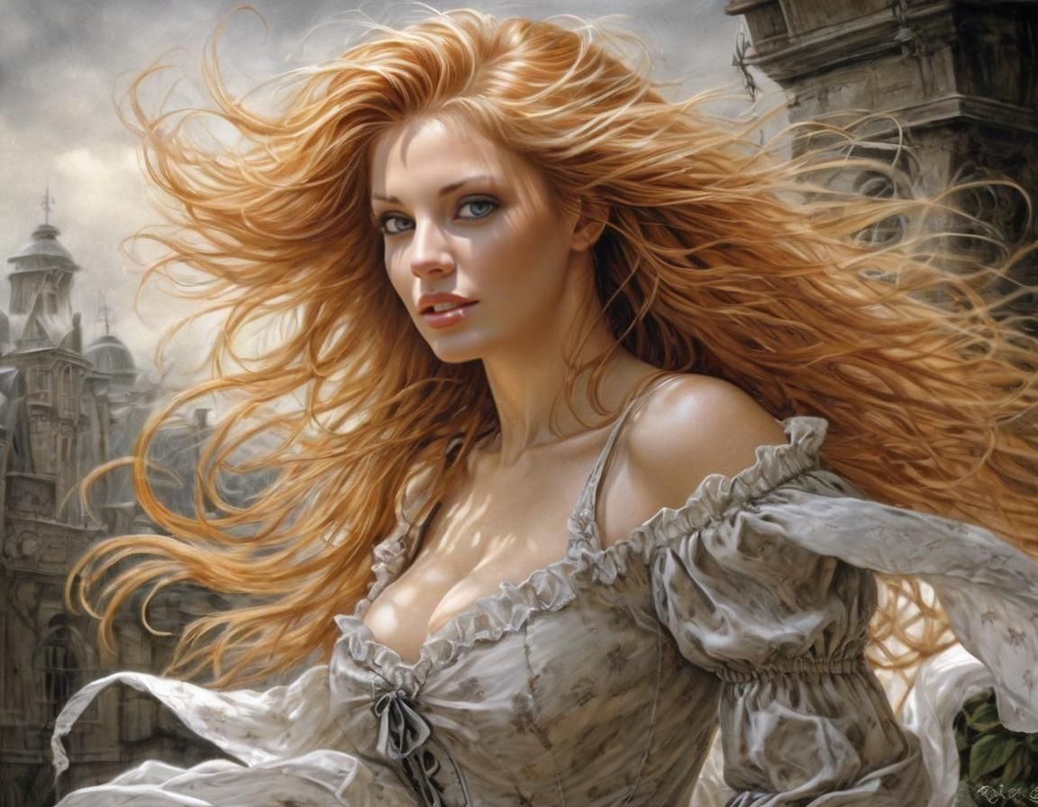 Victorian Strawberry-Blonde Beauty in Windy Sunlight