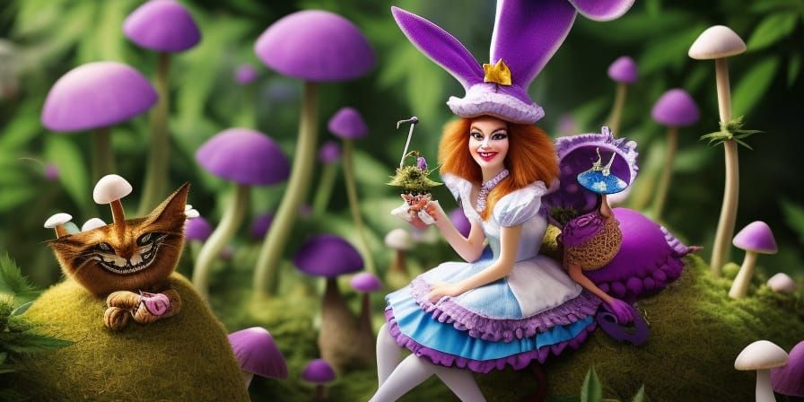 Psychedelic Alice in Wonderland with Marijuana Plant