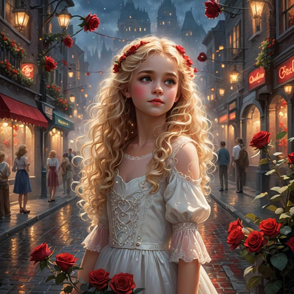 Ethereal Fantasy: Girl with Roses in Cityscape