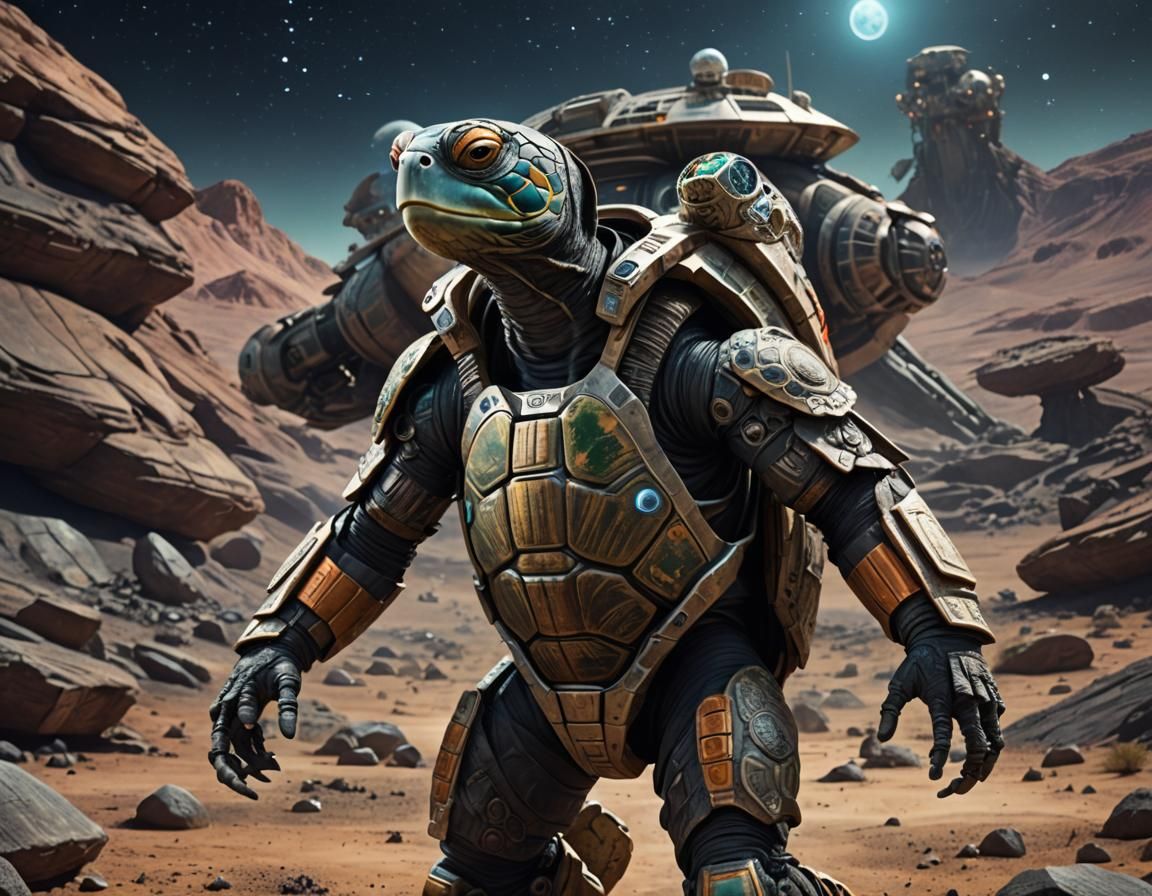 Anthropomorphic Turtle Space Explorer on Alien Planet