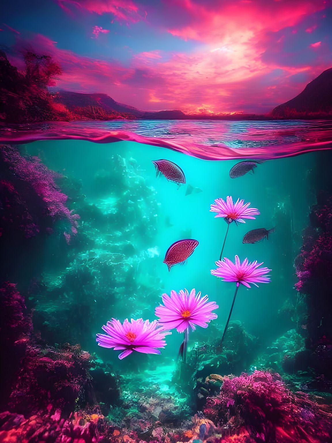 Underwater Flower in Vaporwave Dreamscape