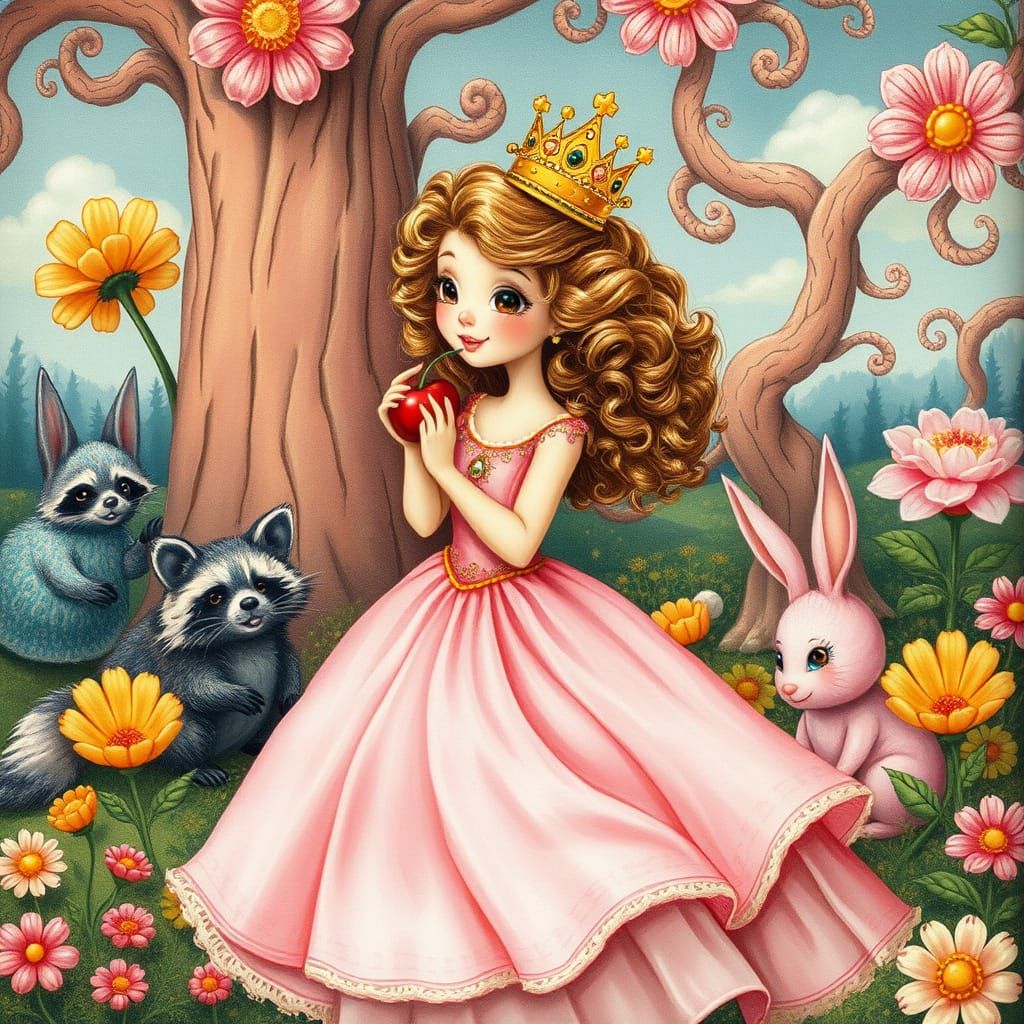 Whimsical Princess in a Fantastical World of Odd Fluffy Crea...