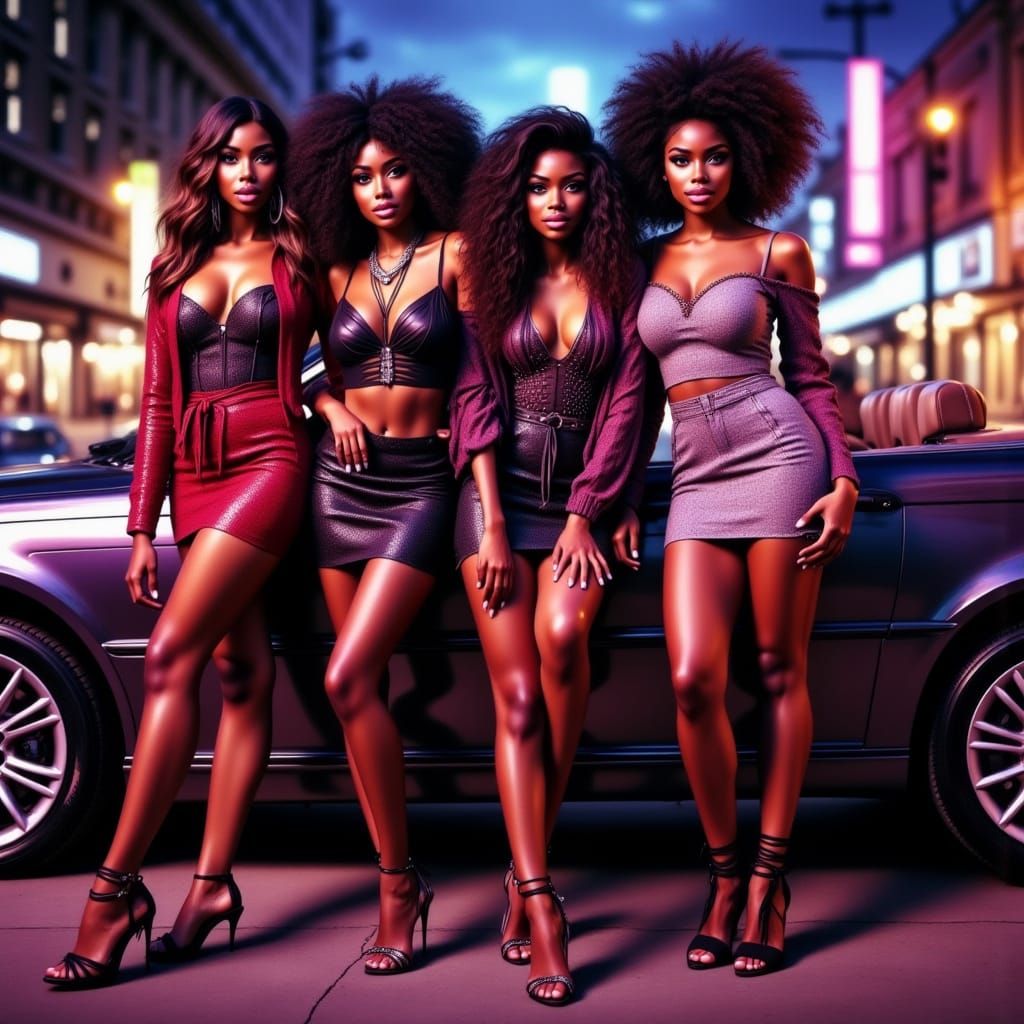 Confident Black Women Pose with Convertible BMW in Neon City...