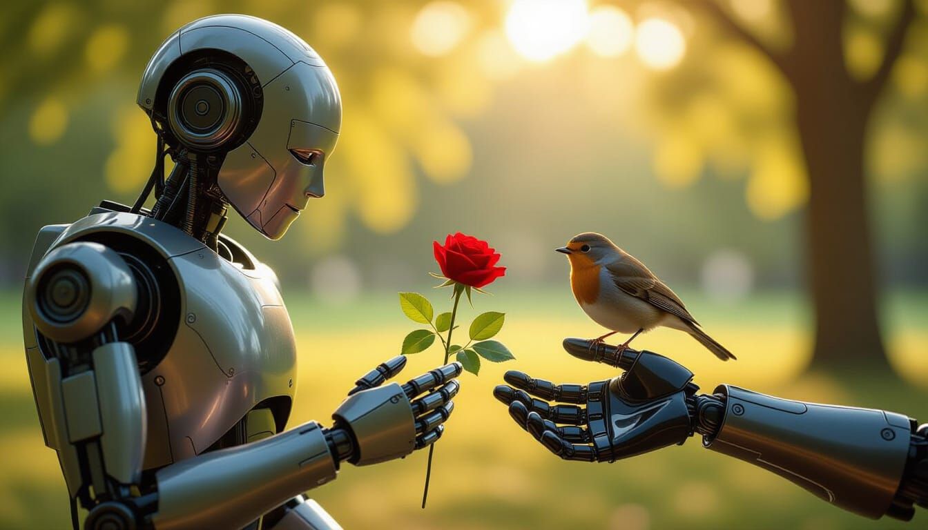 Robot Offers Rose to Bird in Sunlit Park