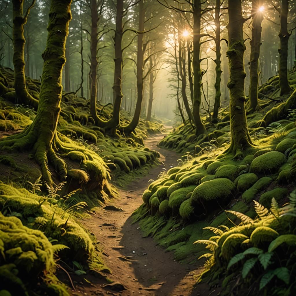 Sunlit Forest Path in Golden Hour Light